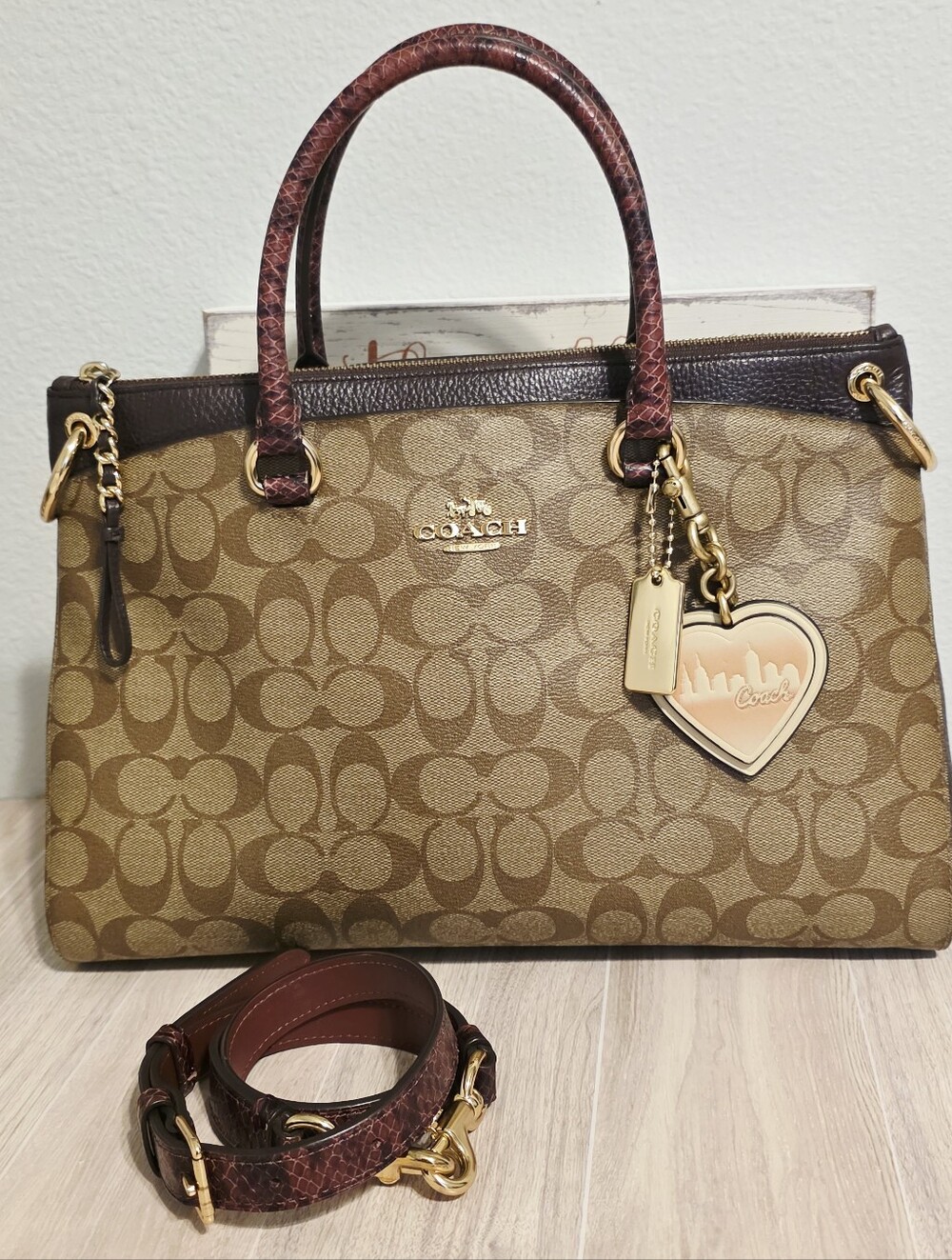 Coach Mia Satchel Khaki Multi Gold Sig C F80301 + Coach Heart Bag Charm C6605